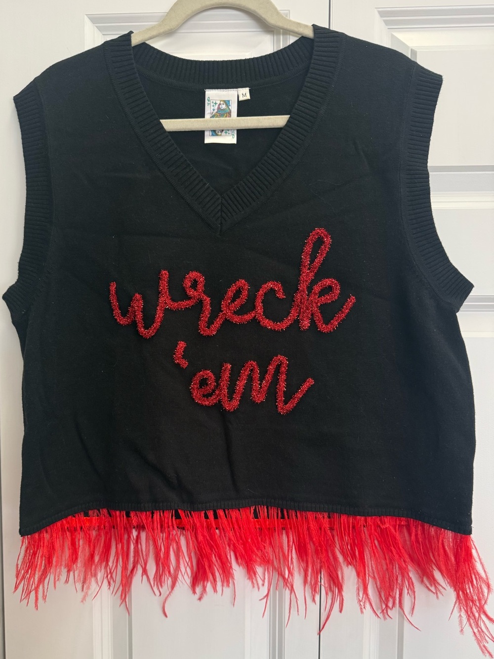 Queen of Sparkles Wreck 'Em Black Sleeveless Sweater Tank with Red Feather Trim
